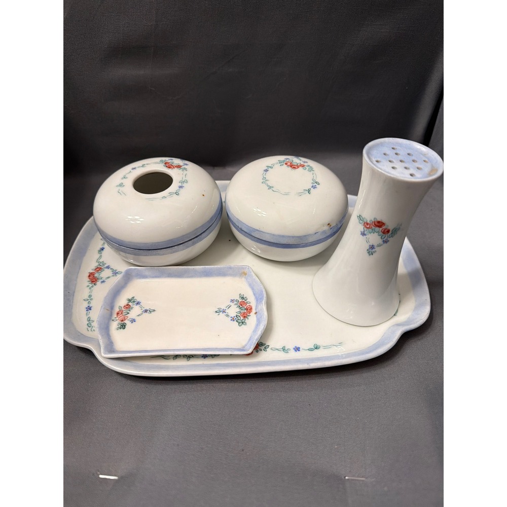 Antique German Porcelain Vanity Set P.K. Silesia Prov Saxe Floral 5 Piece Tray